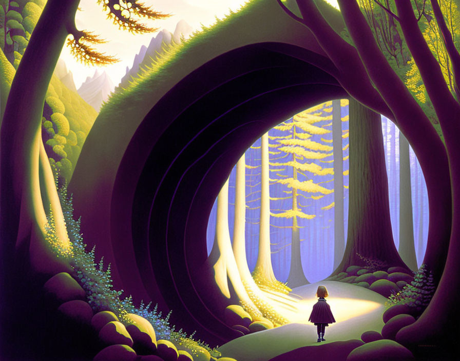 Child in surreal forest with oversized leaves and circular arches