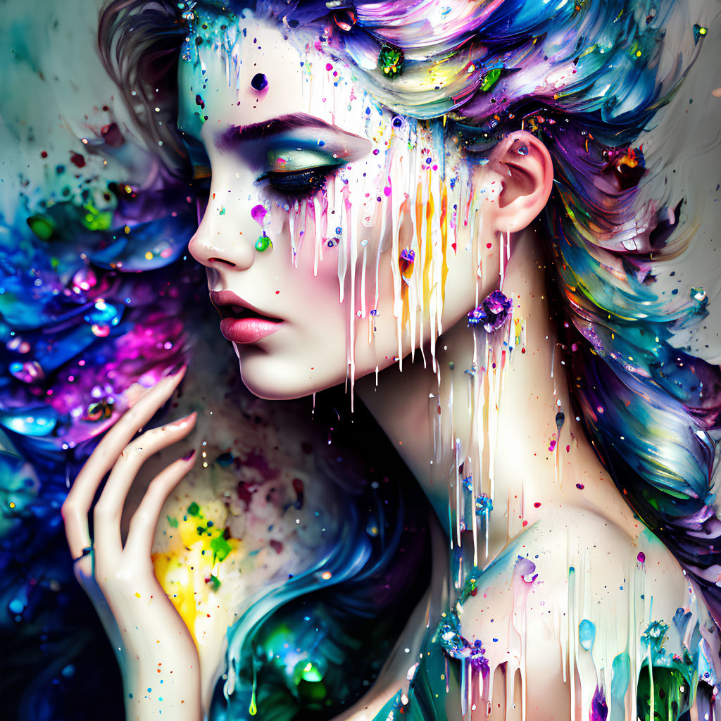 Colorful digital artwork of woman with multicolored hair and paint splashes