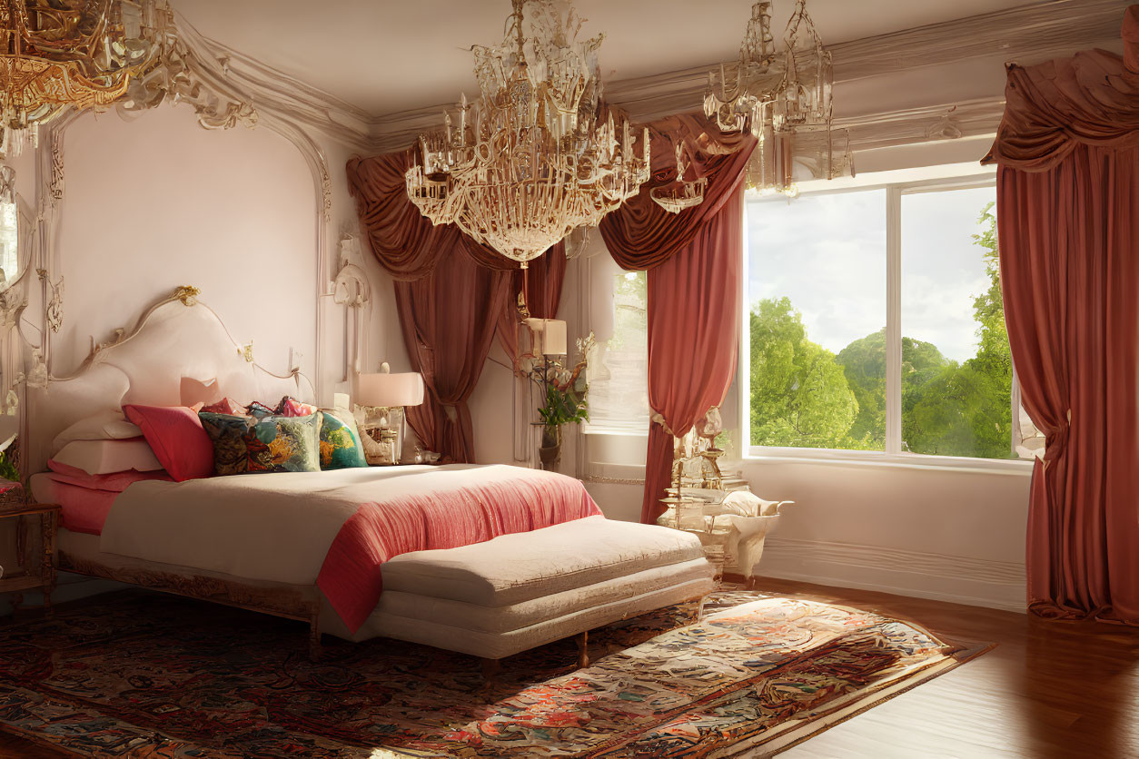 Spacious bedroom with large bed, ornate chandelier, classic drapery, and greenery