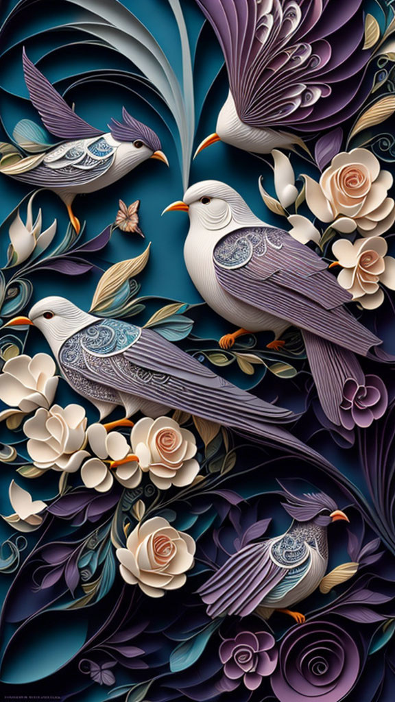 Detailed artwork of stylized birds and flowers in blue, purple, and cream hues