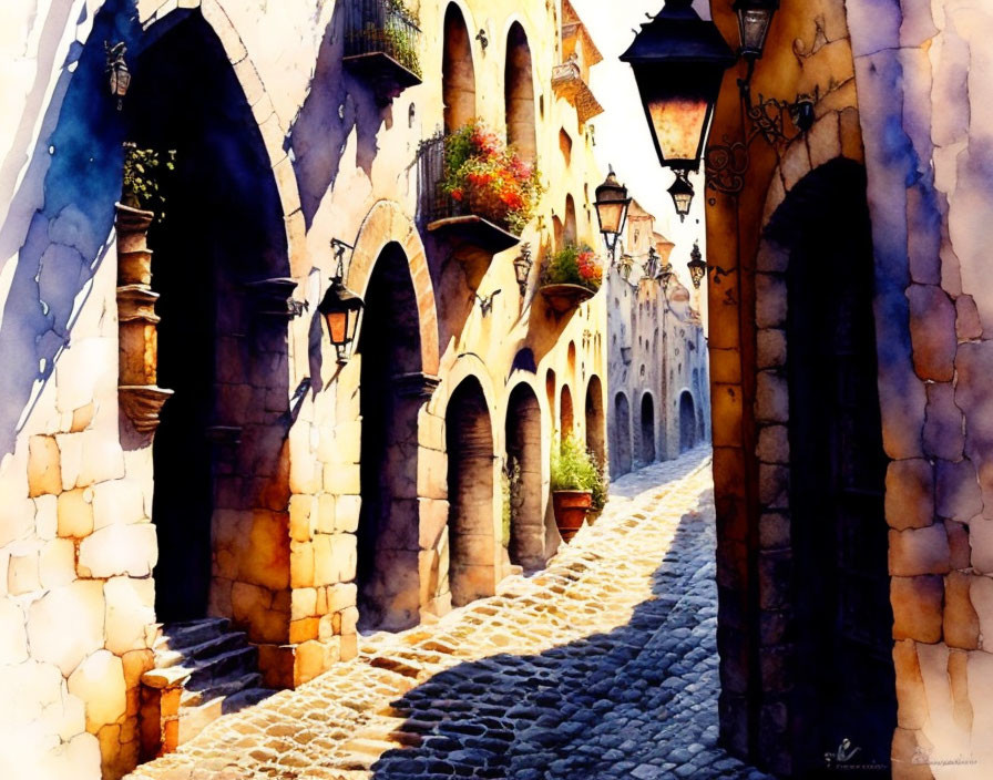 Colorful Watercolor Painting of Mediterranean Cobblestone Alley