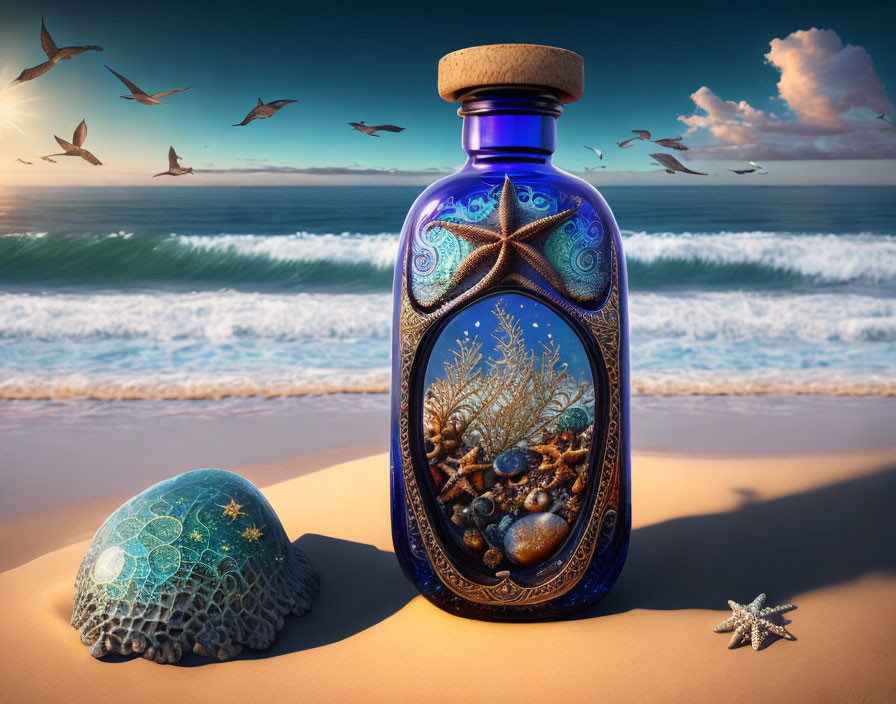 Blue decorative bottle with marine life motifs and turtle shell on sandy beach