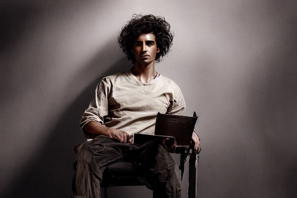 Curly-Haired Man Sitting on Chair with Book under Dramatic Lighting