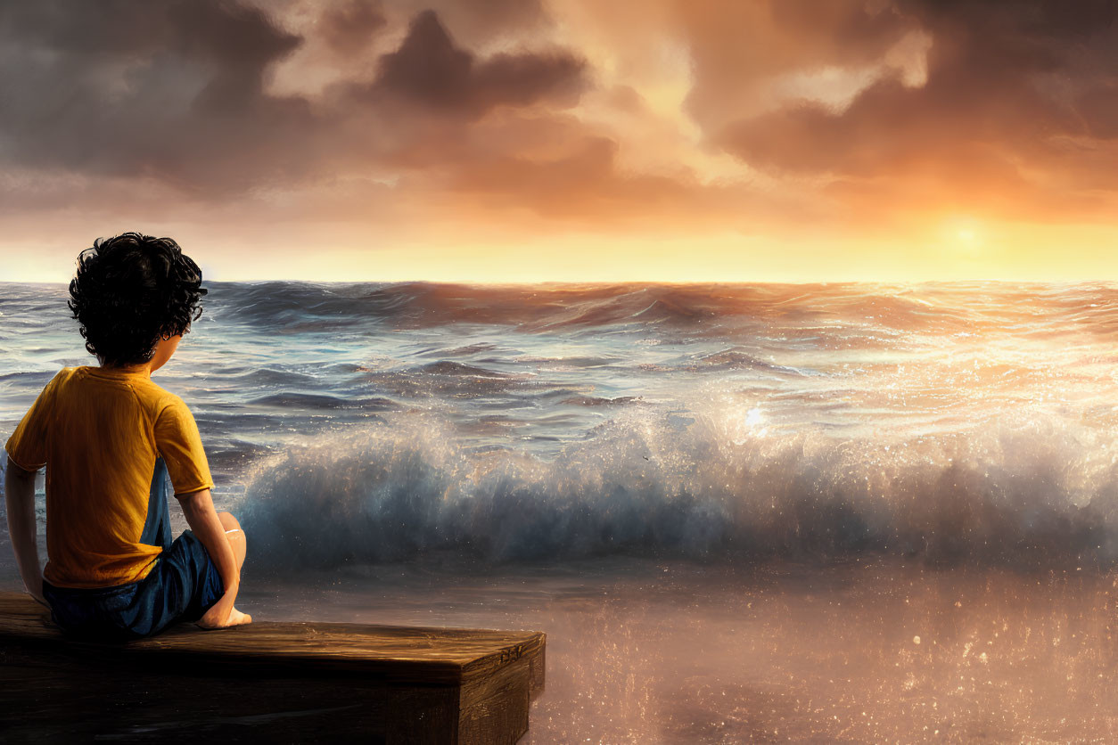 Child on Wooden Dock Observing Dramatic Sunset Seascape