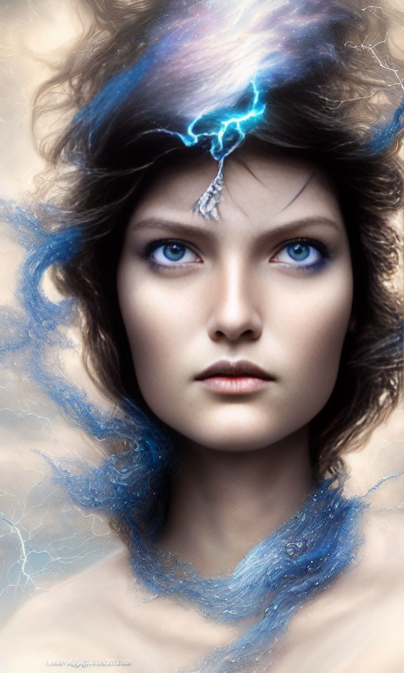 Digital artwork featuring woman with intense blue eyes and swirling blue energy.