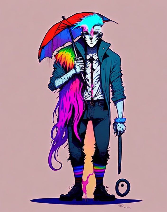 Vibrant illustration of person with pink and blue hair holding rainbow umbrella