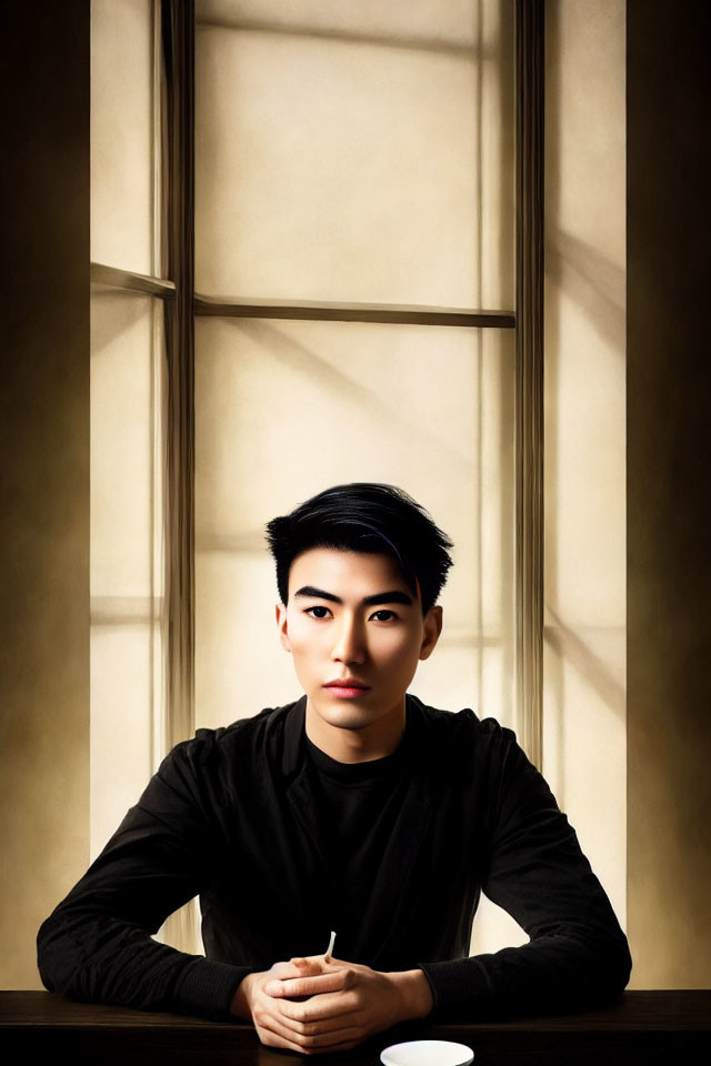 Young person with short black hair in black top sitting by tall window with serious expression