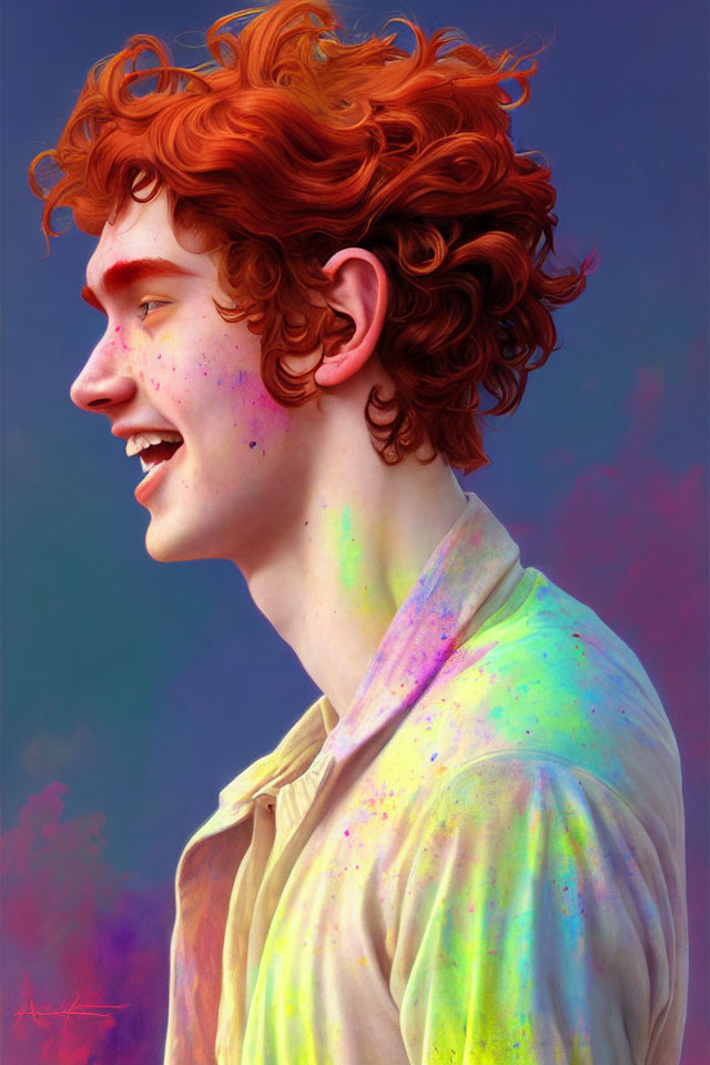 Freckled red-haired youth in paint-splattered shirt against vibrant backdrop