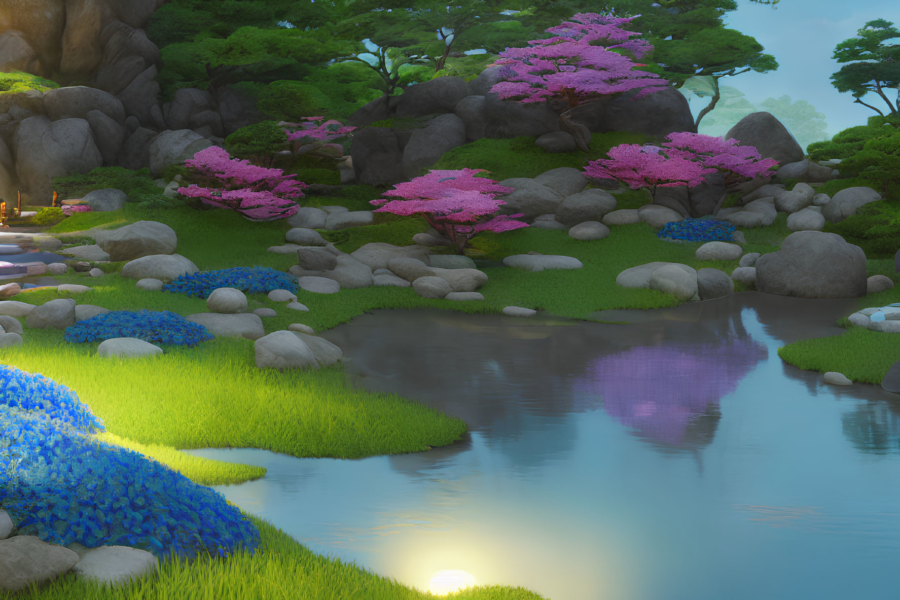 Tranquil garden scene with reflective pond, cherry blossoms, blue flowers, and rock formations