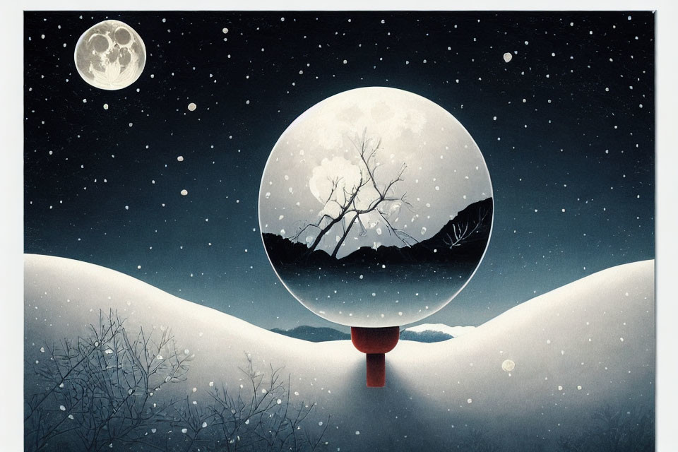 Snowy Crystal Ball Scene with Tree Silhouette and Full Moon