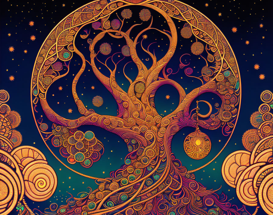 Detailed Stylized Tree Illustration Against Starry Night Sky