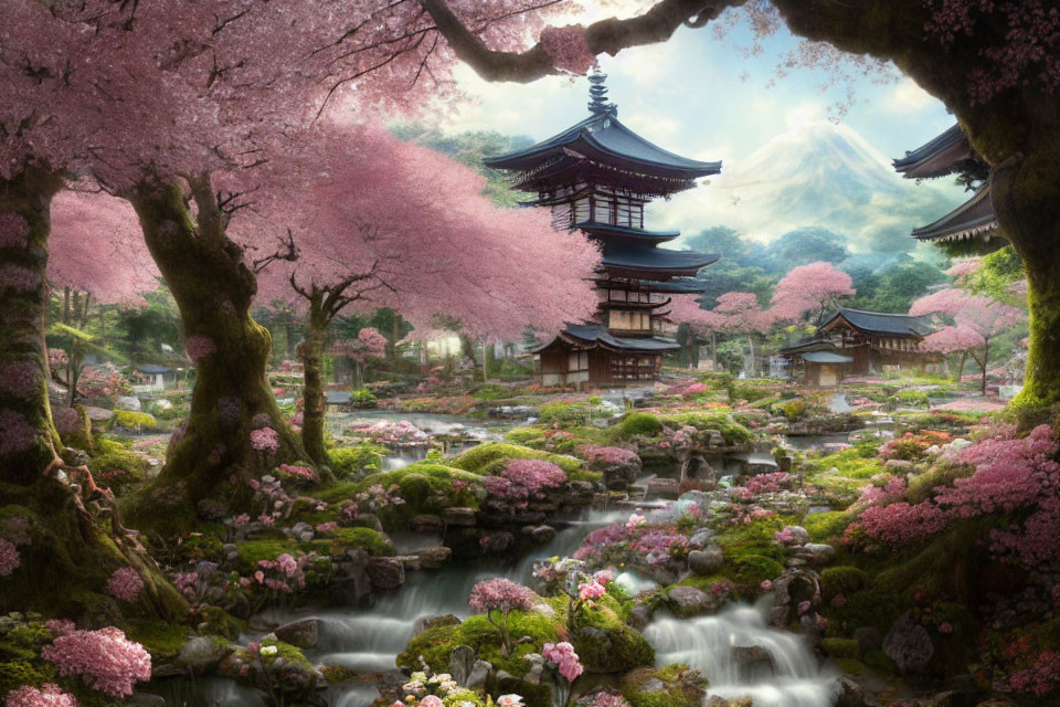 Japanese garden with cherry blossoms, stream, pagoda, Mt. Fuji