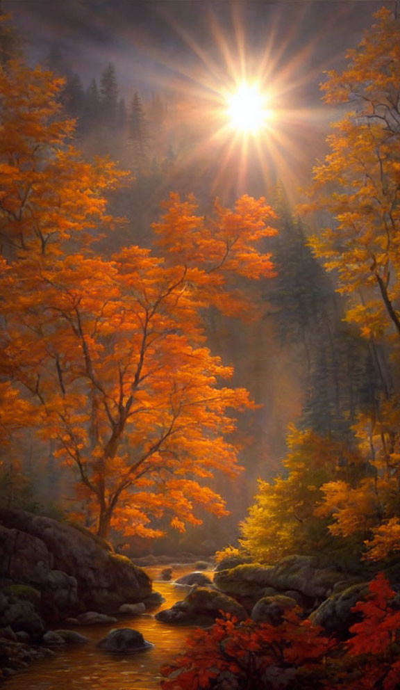 Tranquil Autumn Forest Scene with Sunlight and Stream