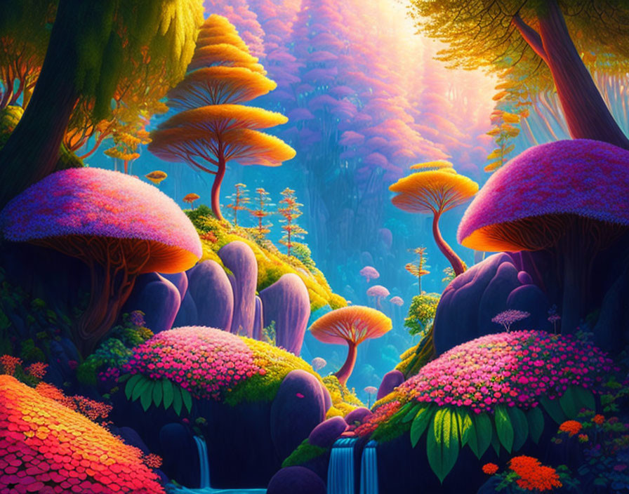 Colorful Fantasy Forest with Mushroom Trees & Waterfall