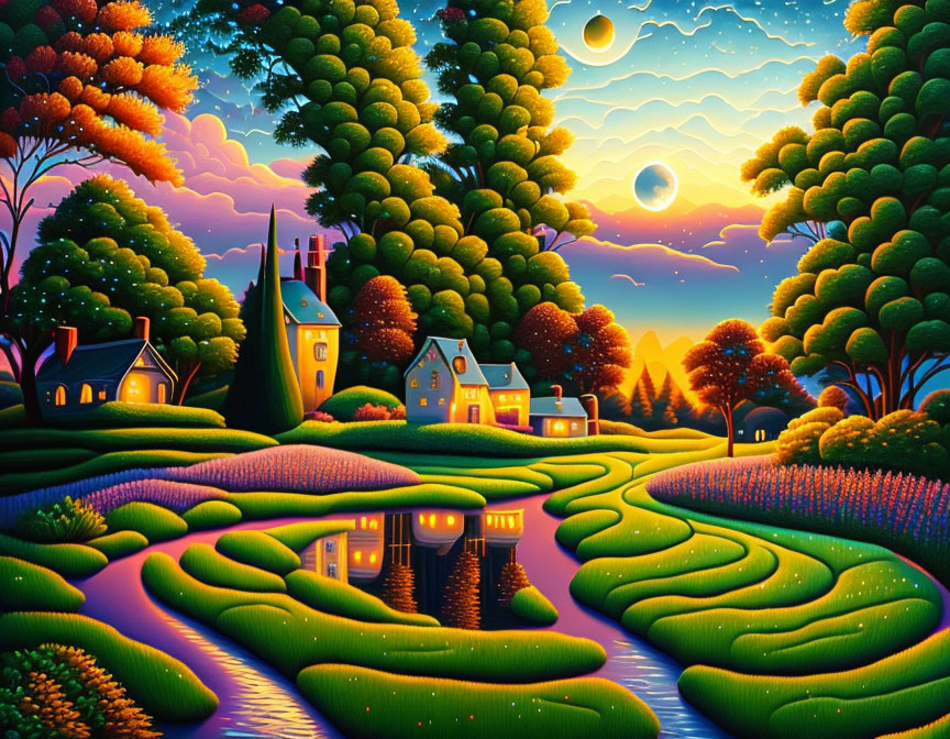 Colorful Stylized Landscape with Serpentine Rivers and Two Moons