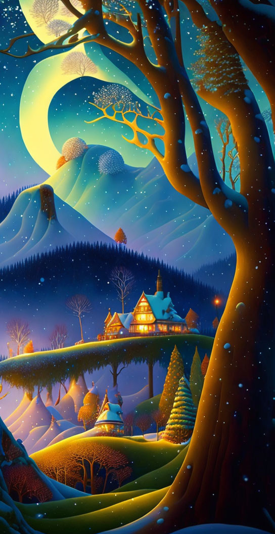 Full Moon Night Scene: Snowy Landscape with Cozy Cottage & Pine Trees