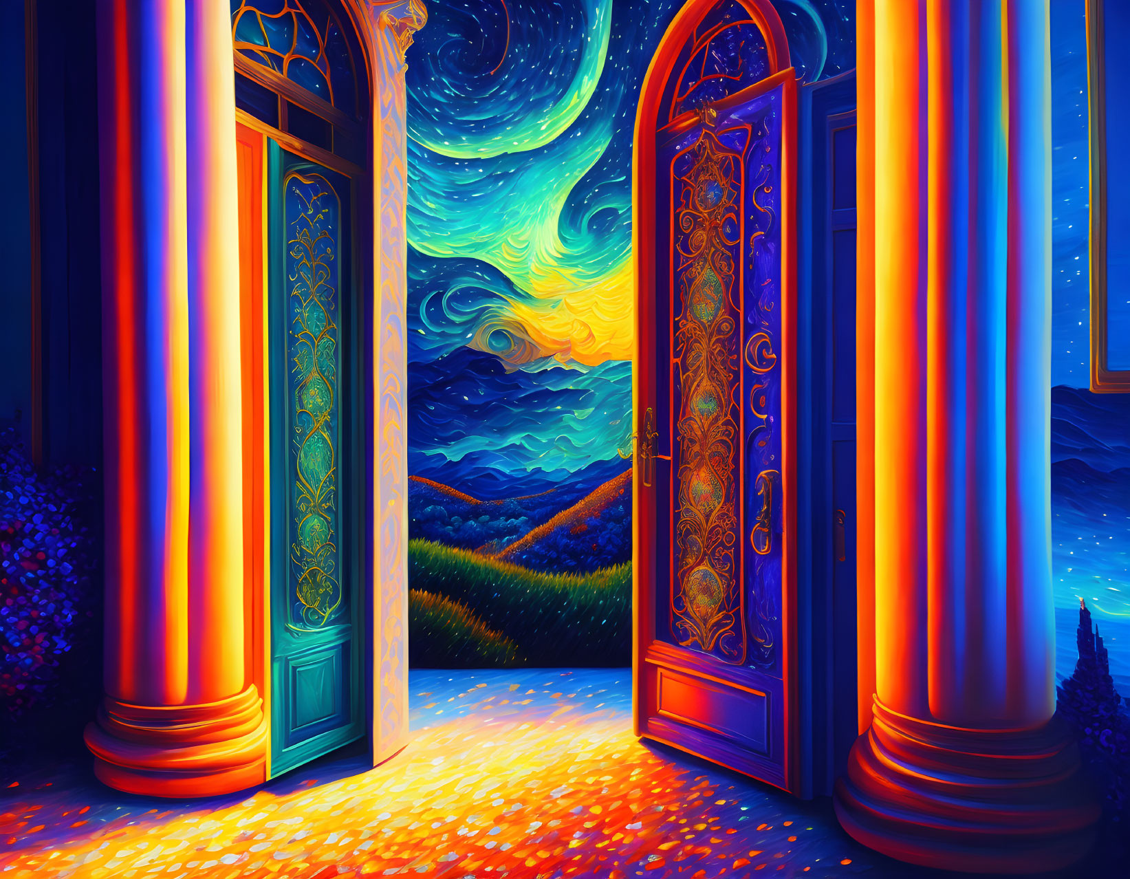 Colorful illustration of ornate door to starry sky & hills.