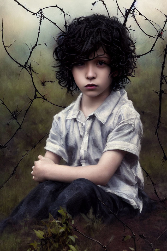 Child with Curly Hair Sitting in Misty Field Surrounded by Bare Branches