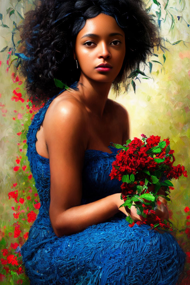 Woman in Blue Dress Holding Red Flowers Against Vibrant Foliage