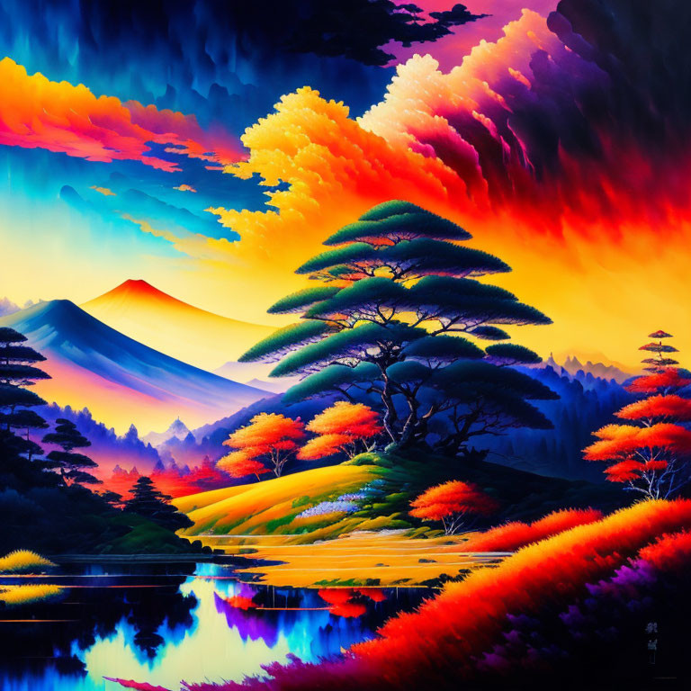 Colorful landscape painting with mountain, vibrant trees, and dynamic sky