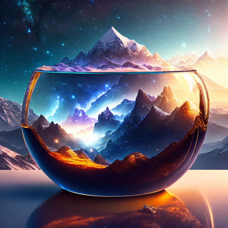 Surreal image: Mountain range in transparent bowl with galaxy background