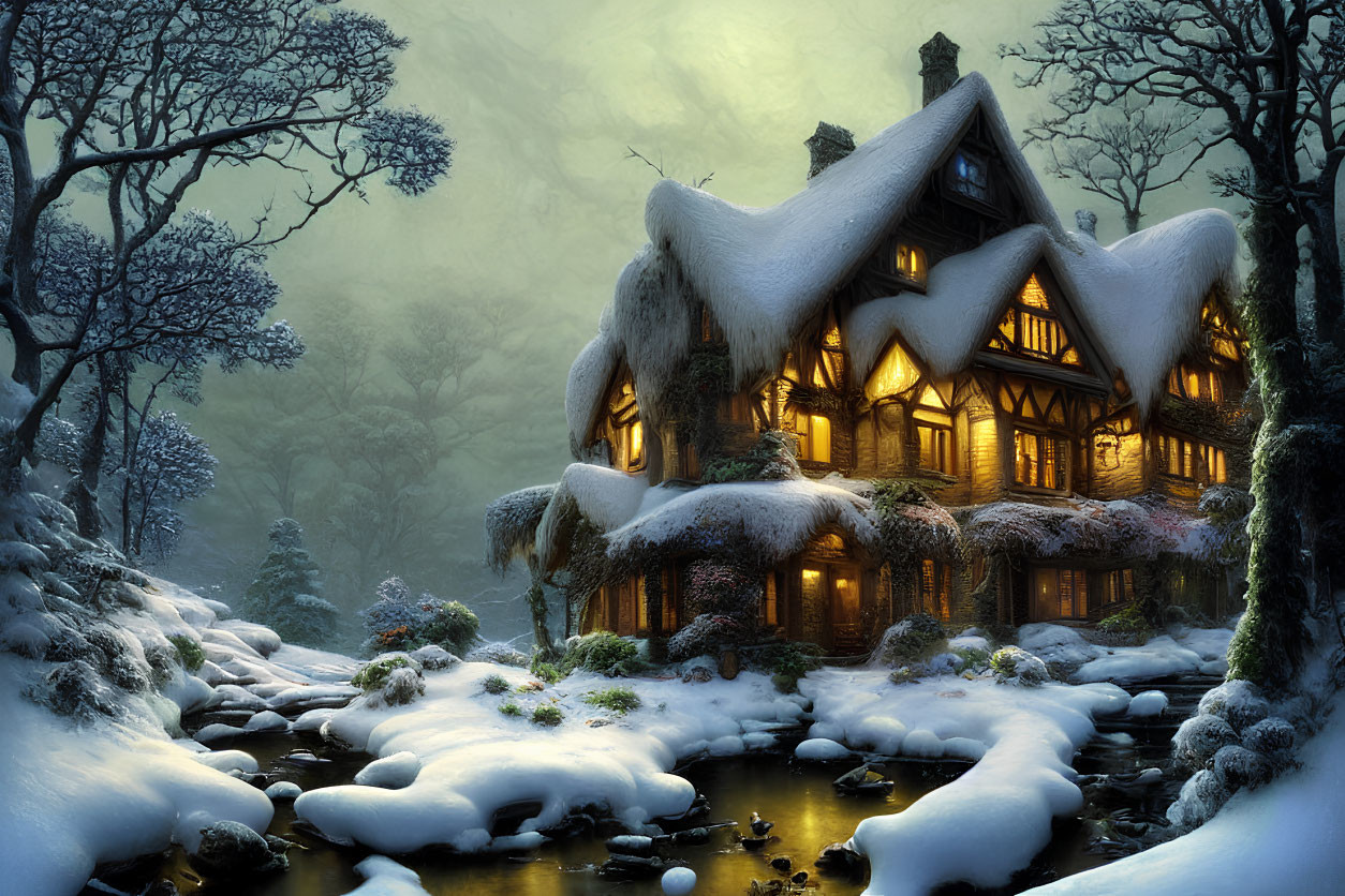 Snow-covered cottage in tranquil winter forest with warm lights and frozen stream