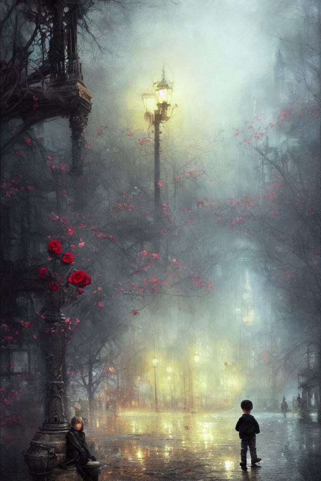 Foggy street scene at night with child and seated person among illuminated lamps and red-flowered trees