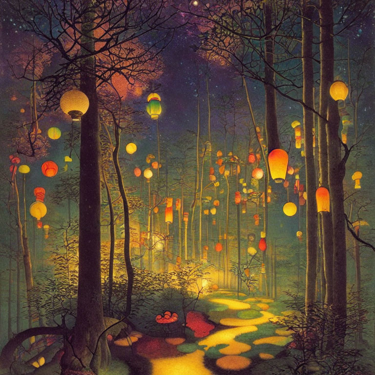 Enchanted forest at night with colorful lanterns and glowing pathway