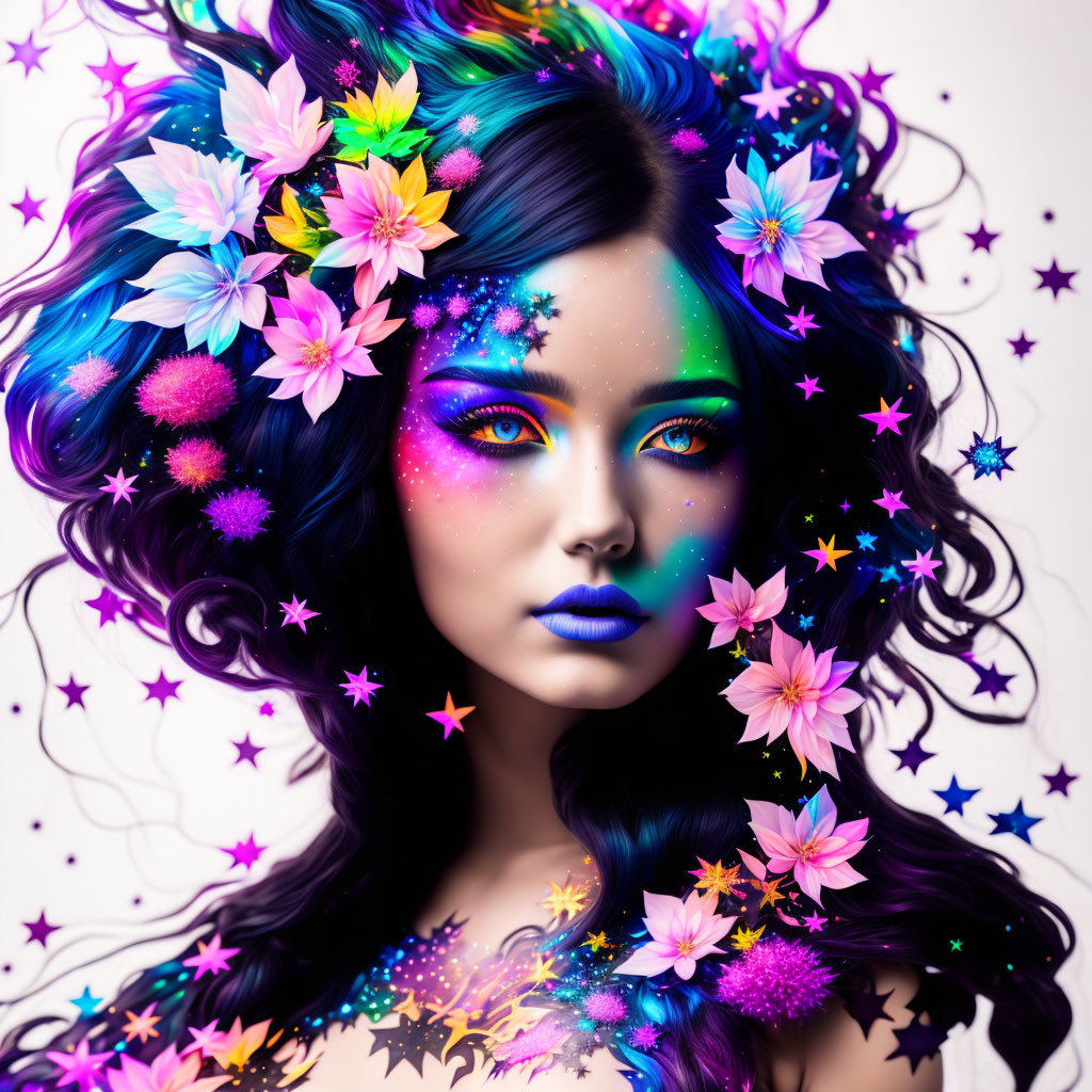 Colorful cosmic makeup and starry accents on a woman with vibrant flowers in her hair.