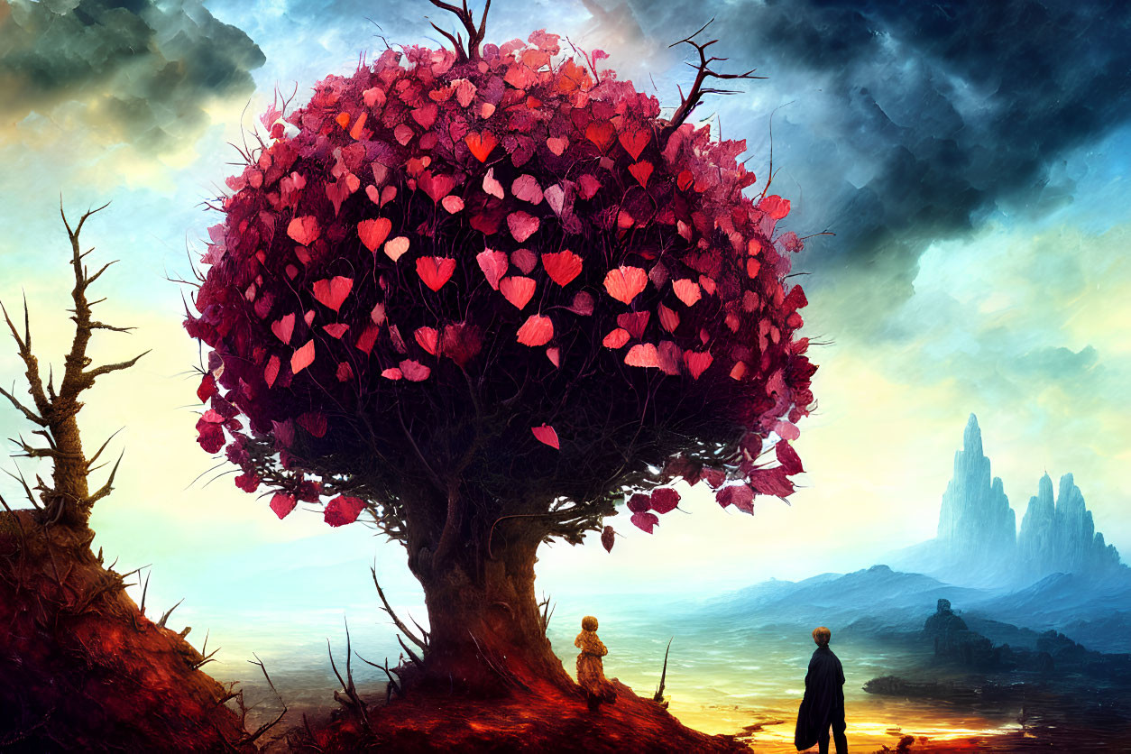 Colorful tree with heart-shaped leaves, silhouetted figures under dramatic sky.