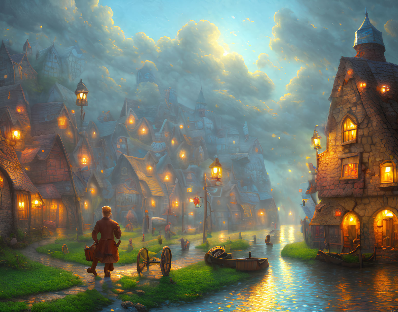 Medieval village at dusk with cobbled streets, lanterns, and reflective waterway