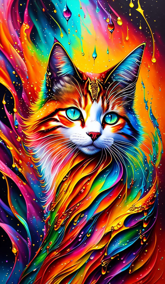 Vibrant Cat Artwork with Swirling Patterns and Blue Eyes