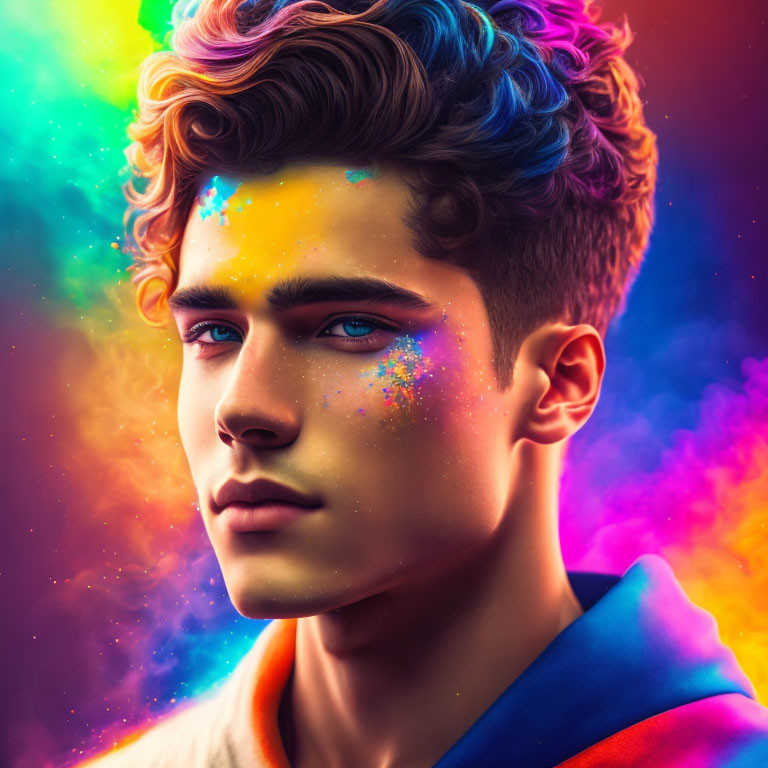 Colorful digital artwork: Young man with curly hair and neon lighting effects