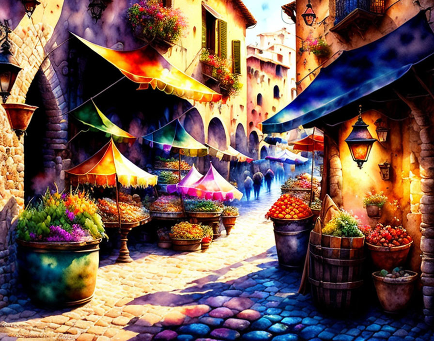 Colorful Market Scene with Stalls, Flowers, and Fruits in Cobblestoned Alley