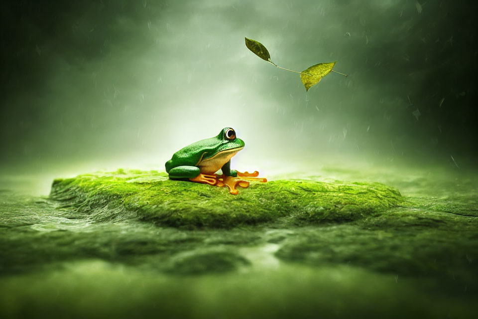 Colorful frog on mossy rock with falling leaf in misty rain scene