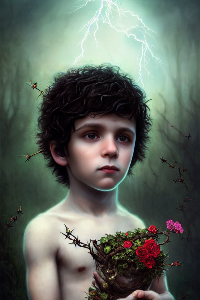 Child with dark curly hair holding nest and flowers against stormy backdrop