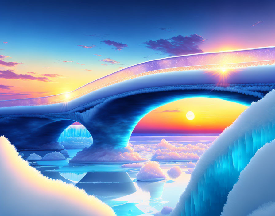 Vibrant surreal artwork: bridge over clouds, glittering edge, sunset sky in blue and orange