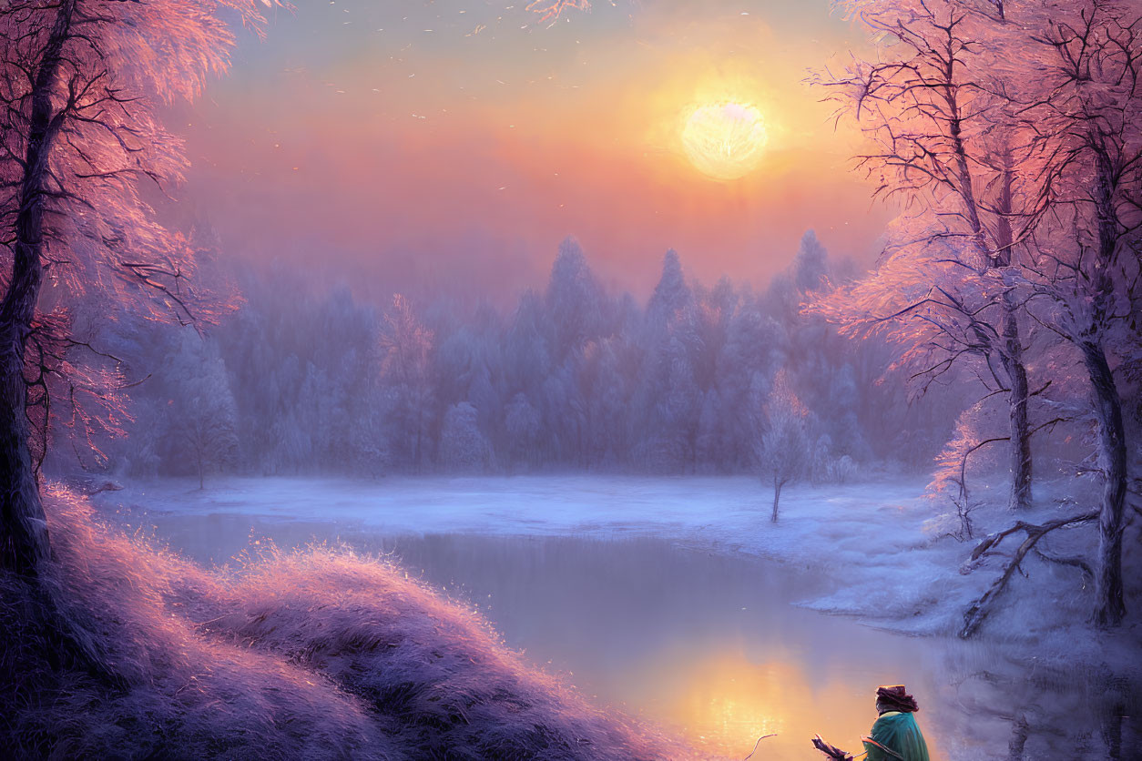 Tranquil winter fishing scene by snow-covered lake