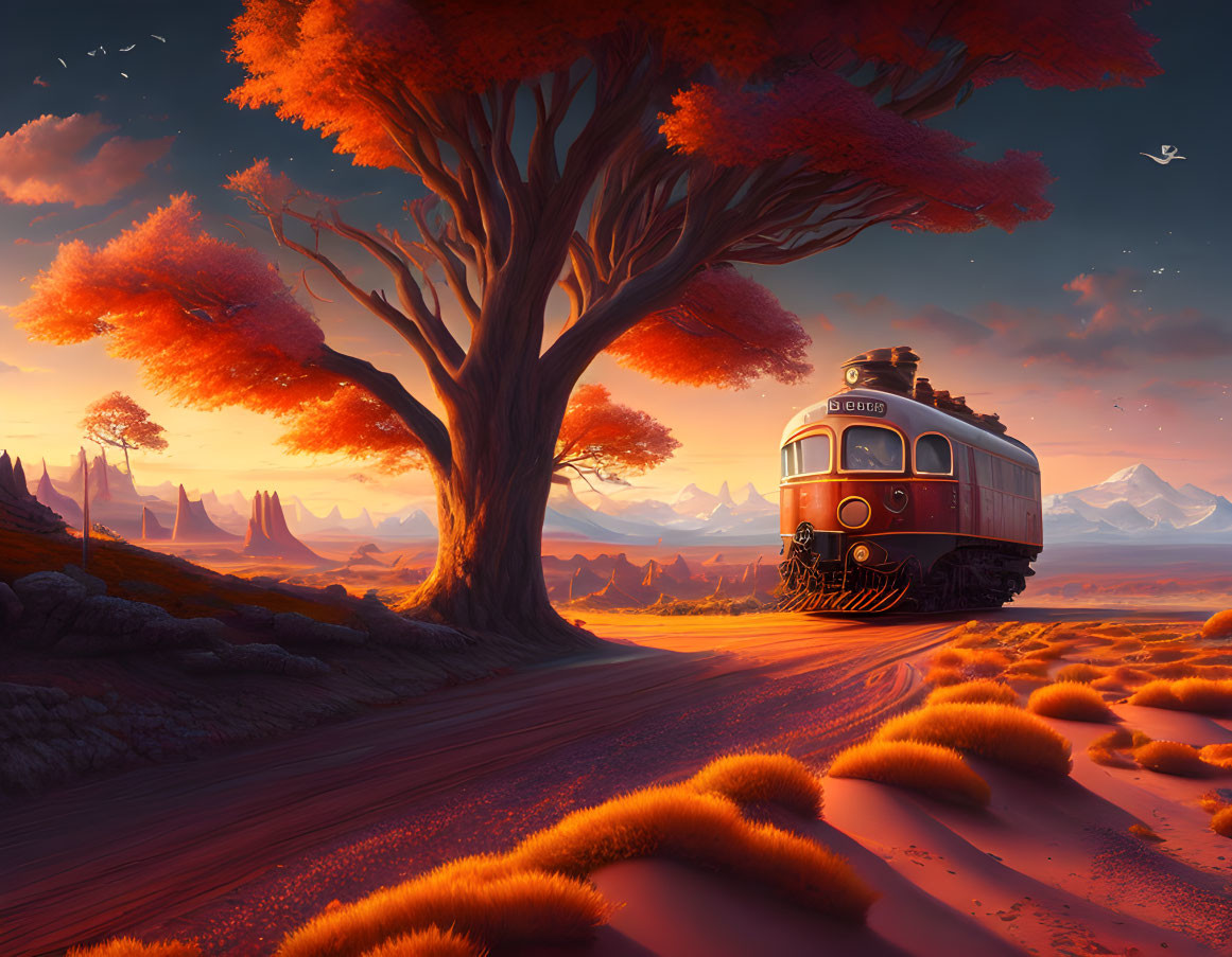 Train moving through surreal orange landscape under colorful sunset sky