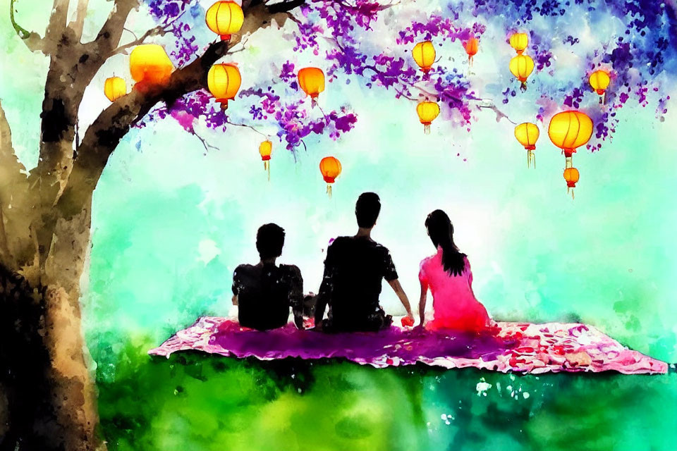 Colorful Lanterns Adorned Tree Silhouettes in Vibrant Watercolor