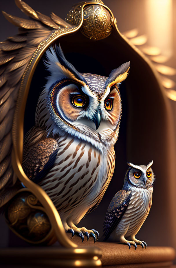 Detailed Illustration of Fantastical Owls Beside Ornate Mirror