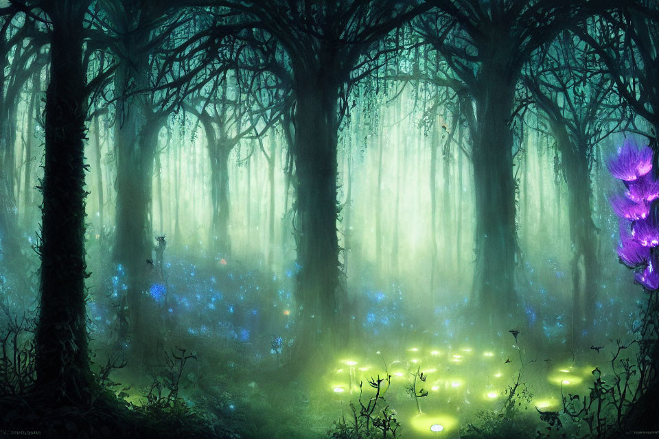 Ethereal forest with glowing lights, twisted trees, blue hues, and purple flowers