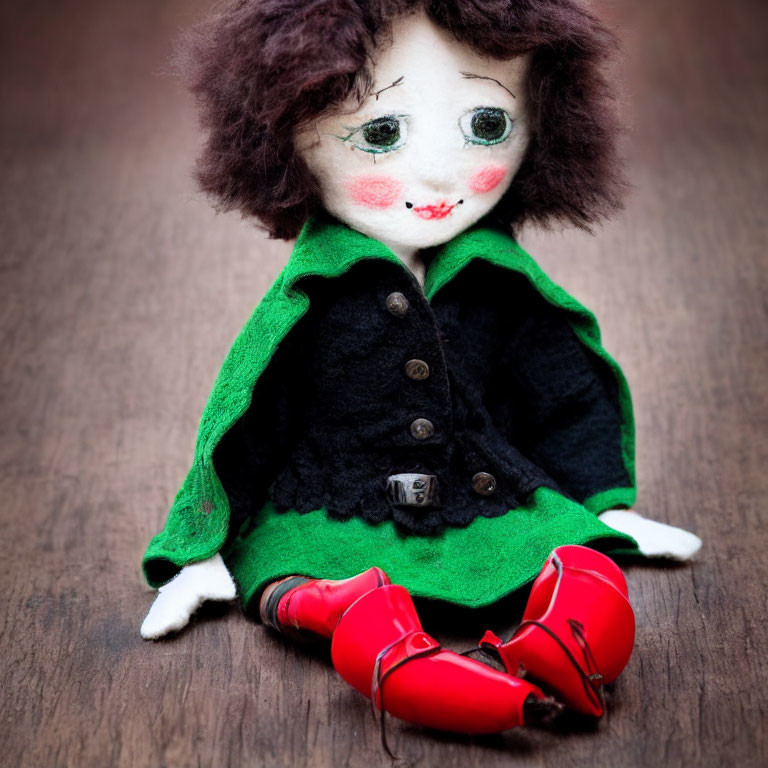 Handmade doll with black hair, green coat, white dress, and red boots on wooden surface