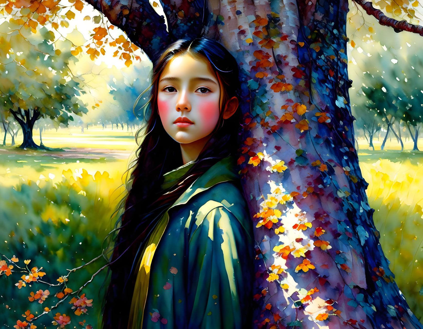 Young woman with long hair by tree in autumn forest digital painting