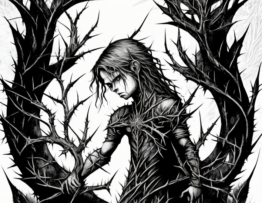 Monochromatic drawing: Person entwined in thorny branches, somber expression