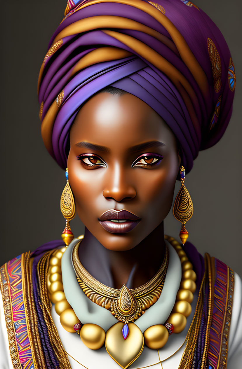 Vibrant portrait of woman in purple headwrap and striking makeup