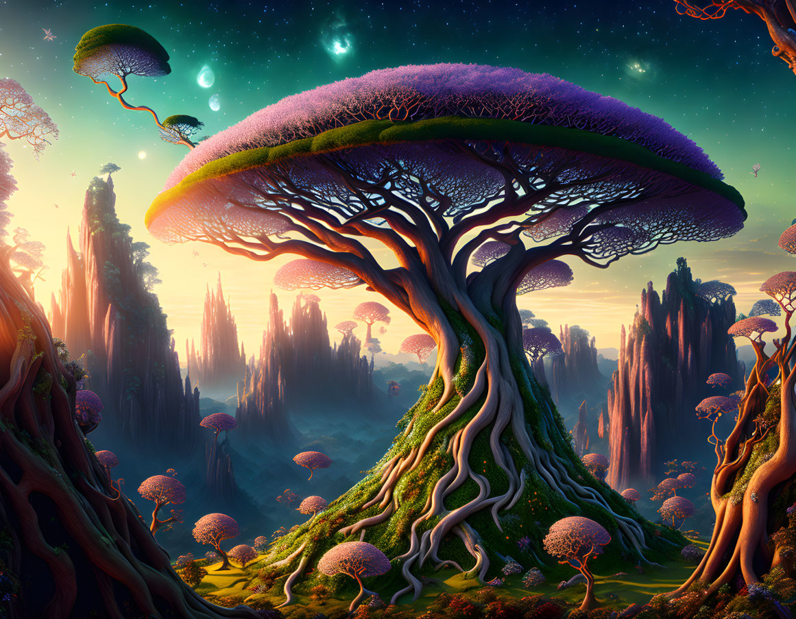 Majestic tree with mushroom-like canopy in fantastical landscape