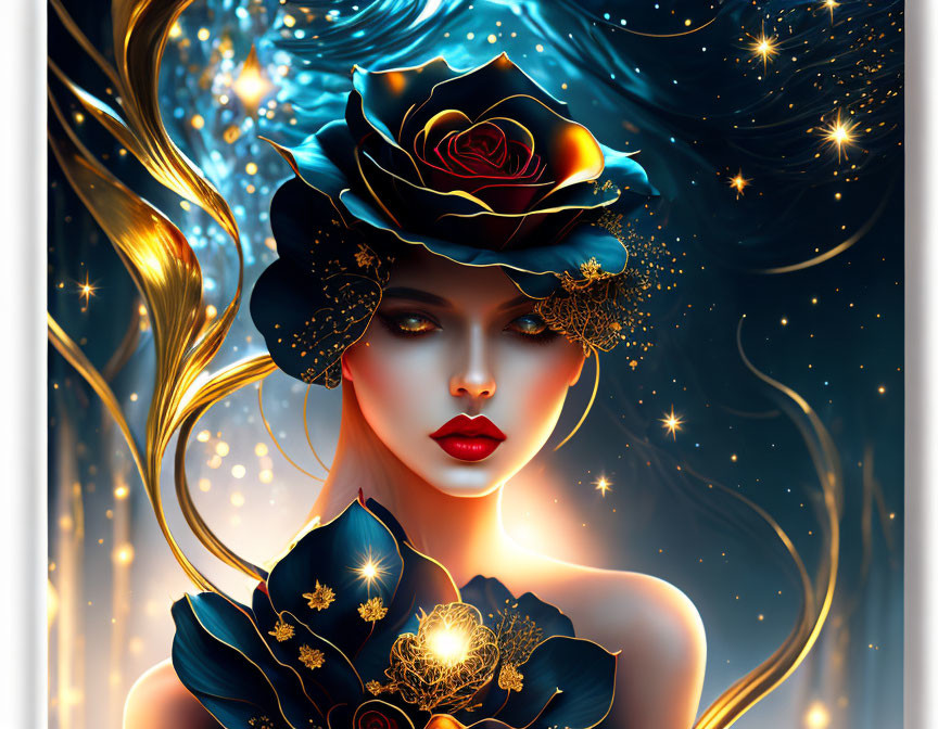 Illustration of woman with dark hair, golden strands, and rose hat among glowing stars