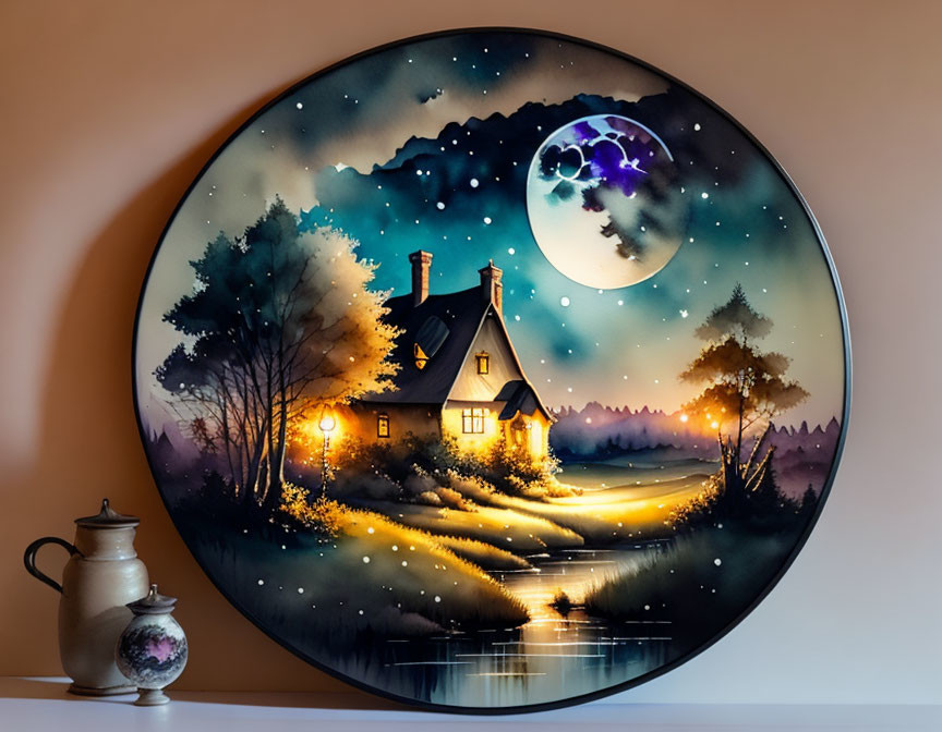 Decorative plate: Quaint house by river at night with full moon & stars