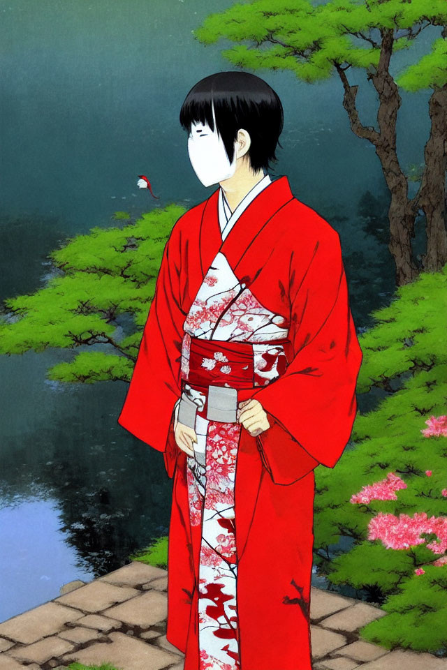 Tranquil Japanese garden with person in red and white kimono